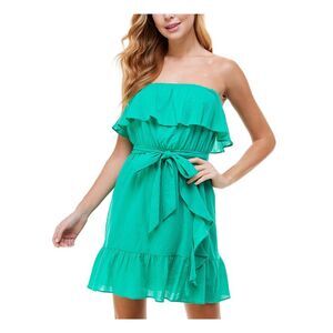 CITY STUDIO Womens Green Tie Smocked Strapless Short Party Fit + Flare Dress L
